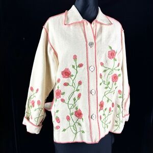 Vintage Off White Jacket S/M Embroidered Pink Cabbage Roses Beading Spring Coat